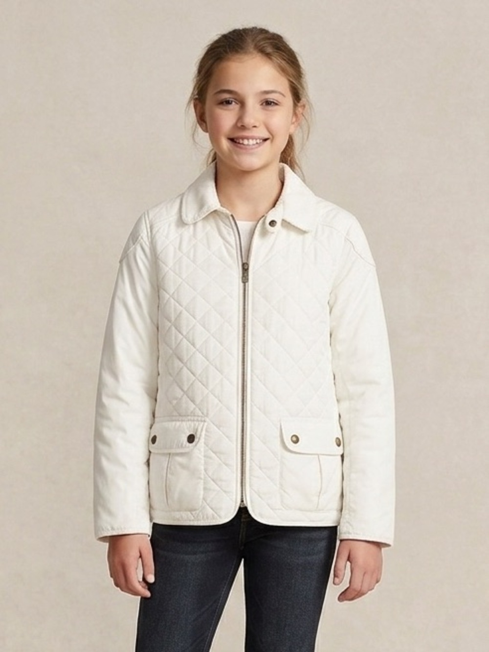 Polo Ralph Lauren Cream Quilted Barn Jacket with Corduroy Collar - Girls XL (16)